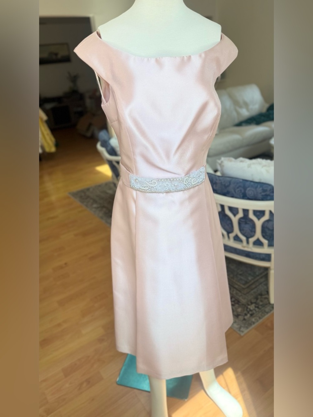 Petite Pink Satin Midi Dress with Embellished Belt